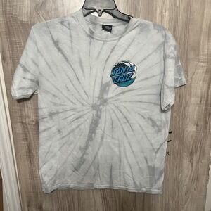 Santa Cruz Tie Dye T-Shirt Gray Blue Wave Logo Graphic Skateboarding Tee Large